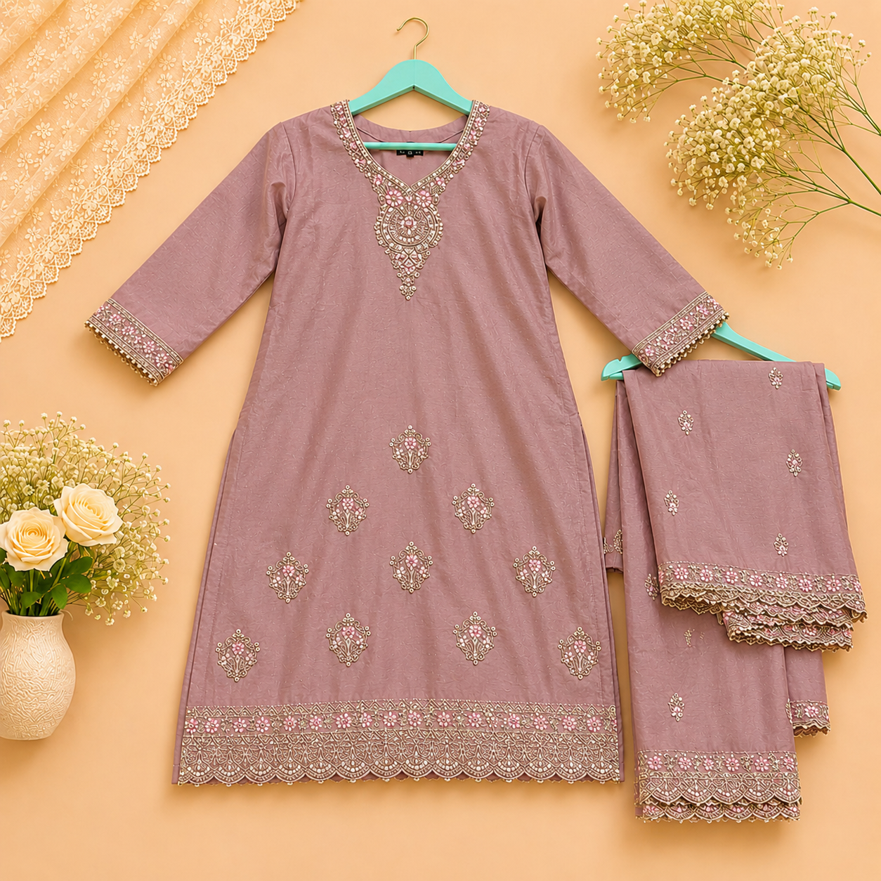 Dusty Mauve Chinon Silk Embroidered Sharara Set