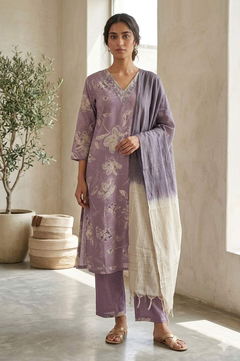 Lavender Floral printed Kurti Set with Dupatta