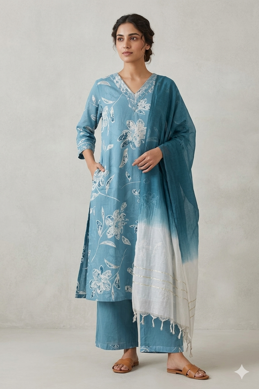 Sky Blue Floral Kurti Set with Dupatta