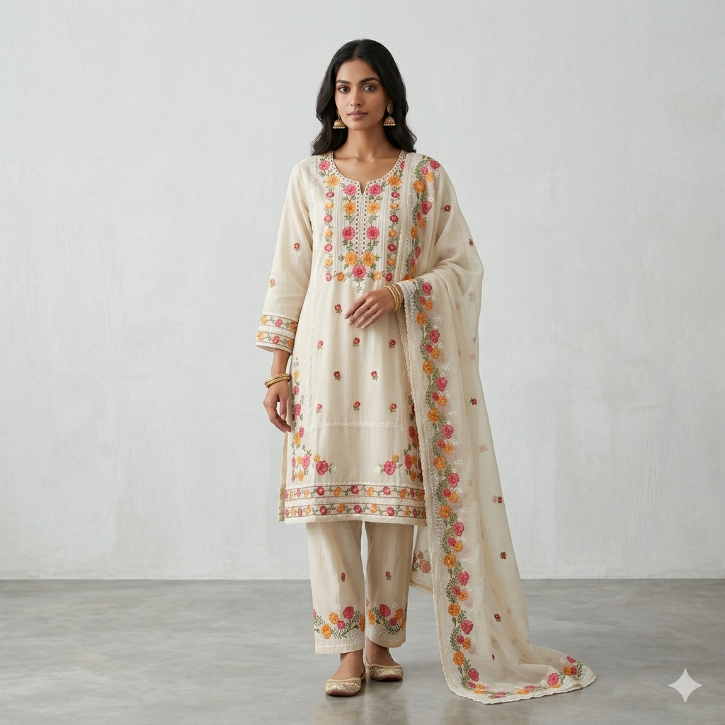 Floral Embroidered Kurta Set with Dupatta – Ivory Elegance