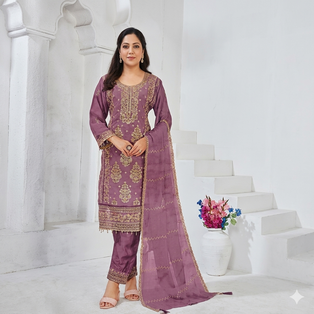 Mauve Rose Chiffon Embroidered Elegant Suit