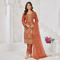 Rust Amber Chiffon Embroidered Elegant Suit