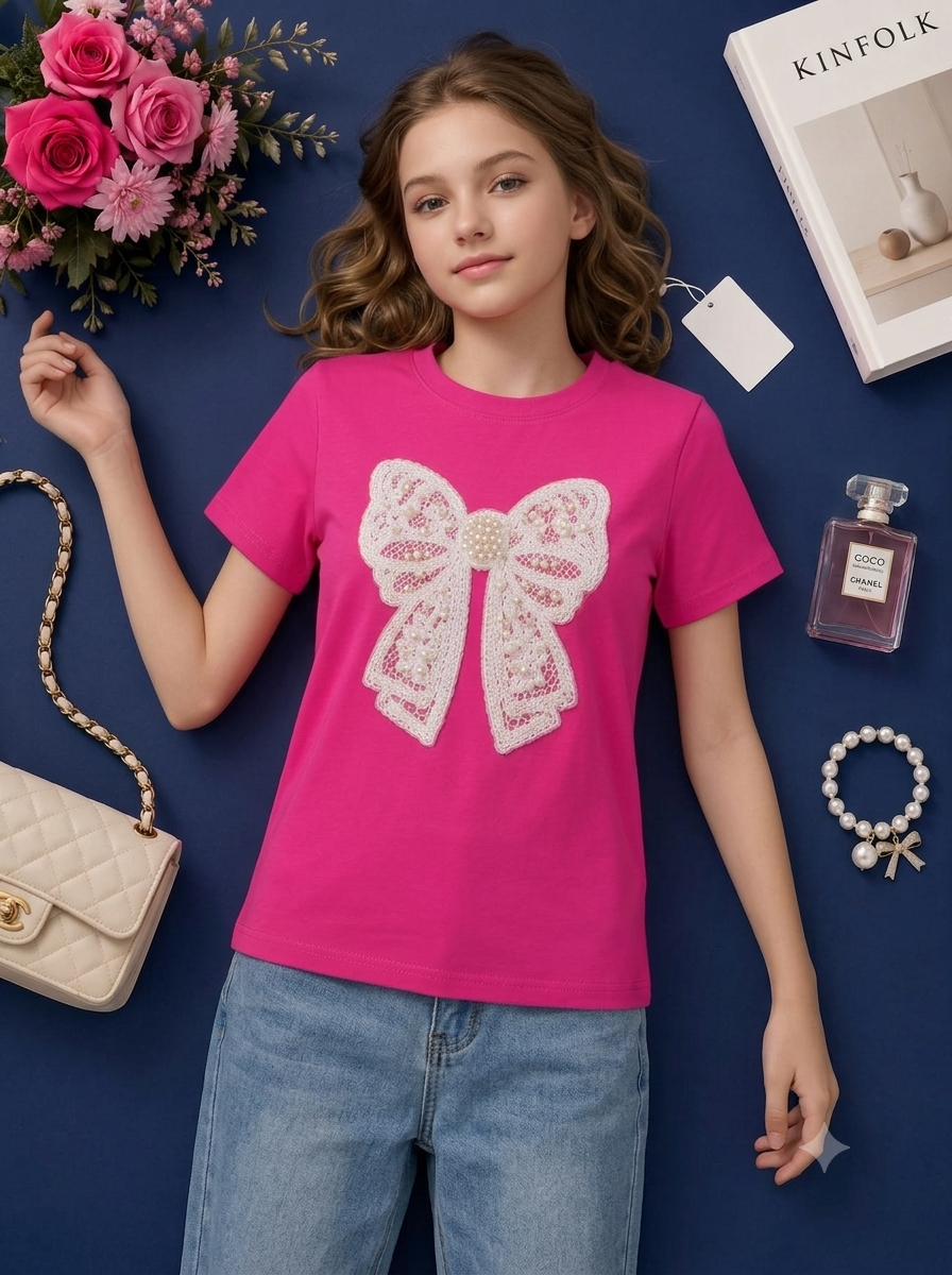 Pearl Bow Charm Crop Tee