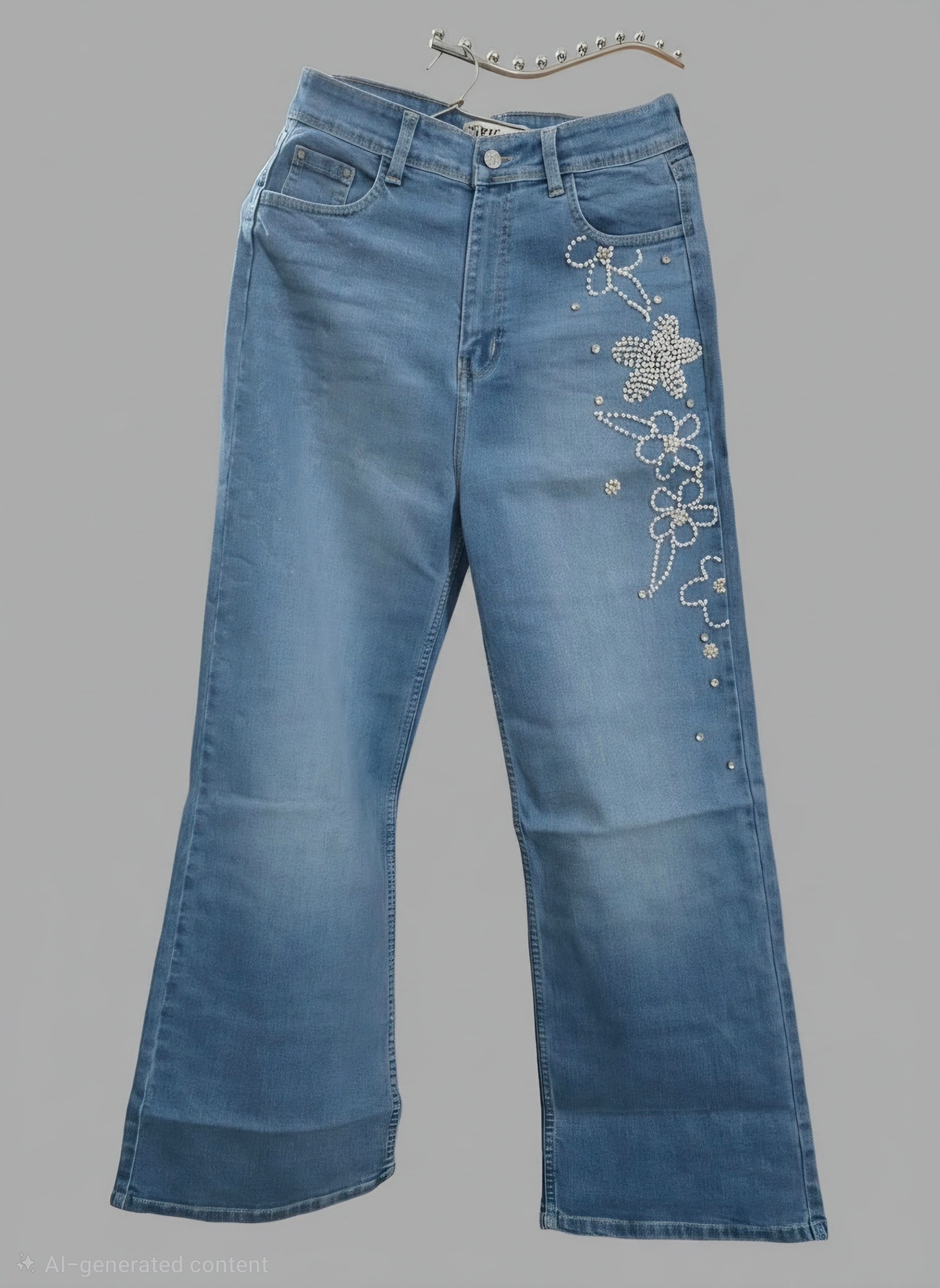 MIGZORn Pearl Blossom Embellished Wide-Leg Jeans