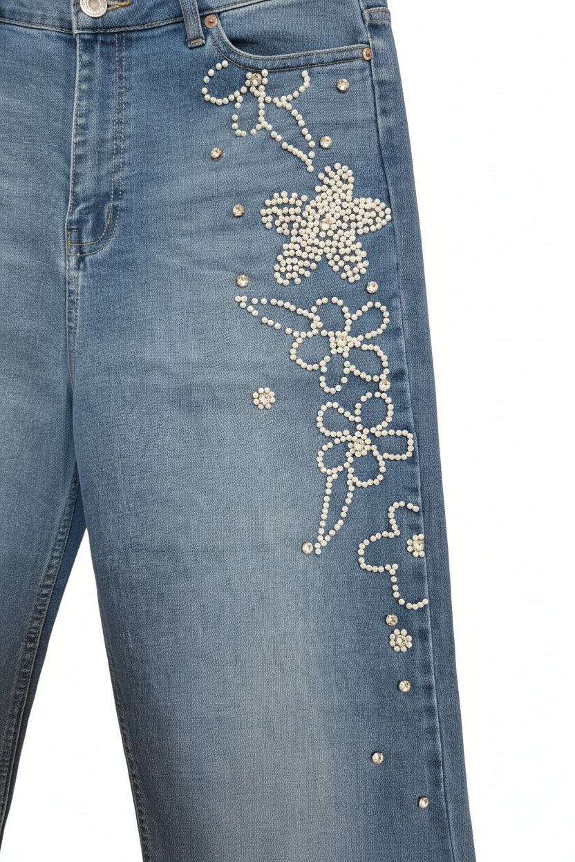 MIGZORn Pearl Blossom Embellished Wide-Leg Jeans