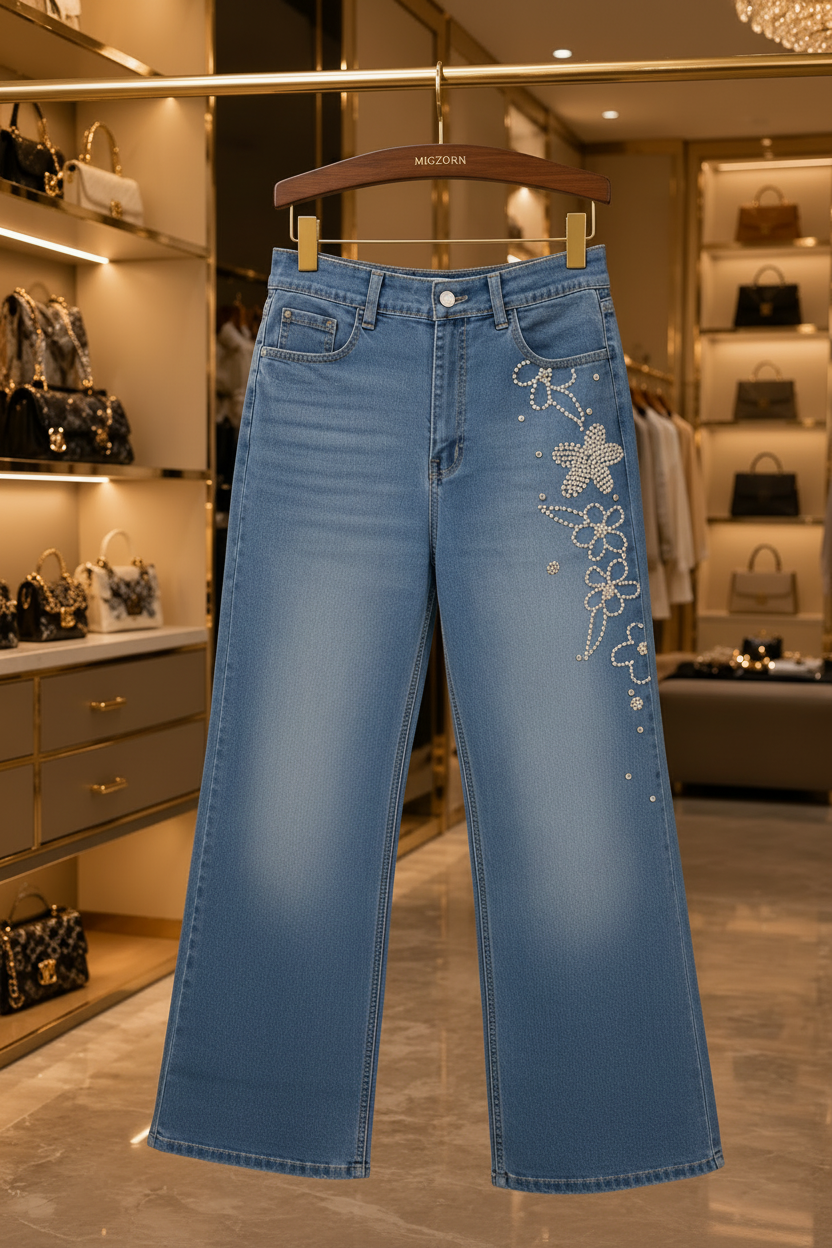 MIGZORn Pearl Blossom Embellished Wide-Leg Jeans