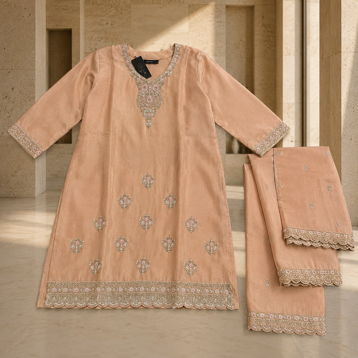 Peach Glow Chinon Silk Embroidered Sharara Set