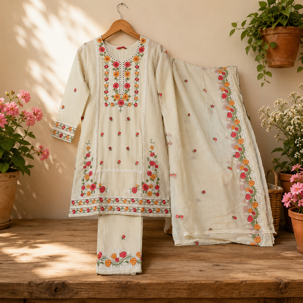 Floral Embroidered Kurta Set with Dupatta – Ivory Elegance