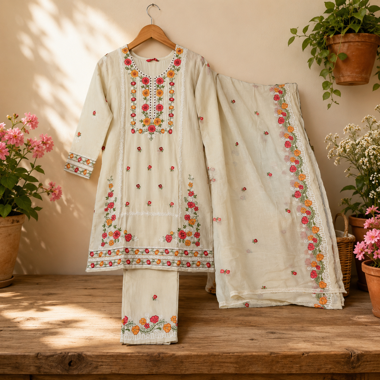 Floral Embroidered Kurta Set with Dupatta – Ivory Elegance