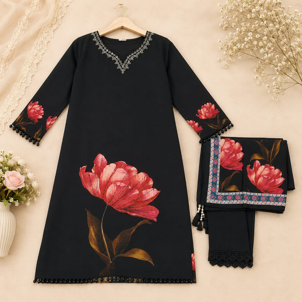 Midnight Bloom Printed 3pcs Suit