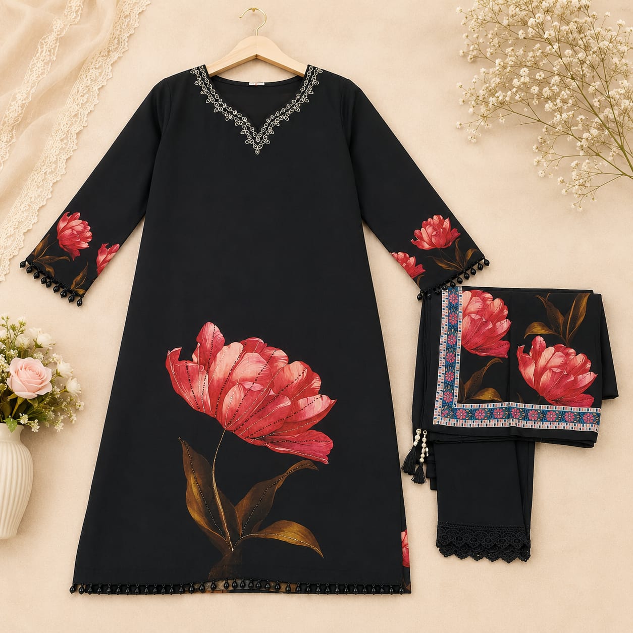 Midnight Bloom Printed 3pcs Suit