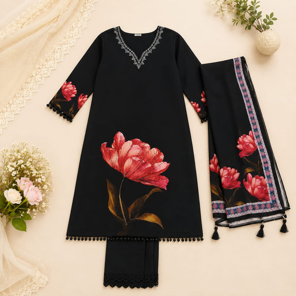 Midnight Bloom Printed 3pcs Suit