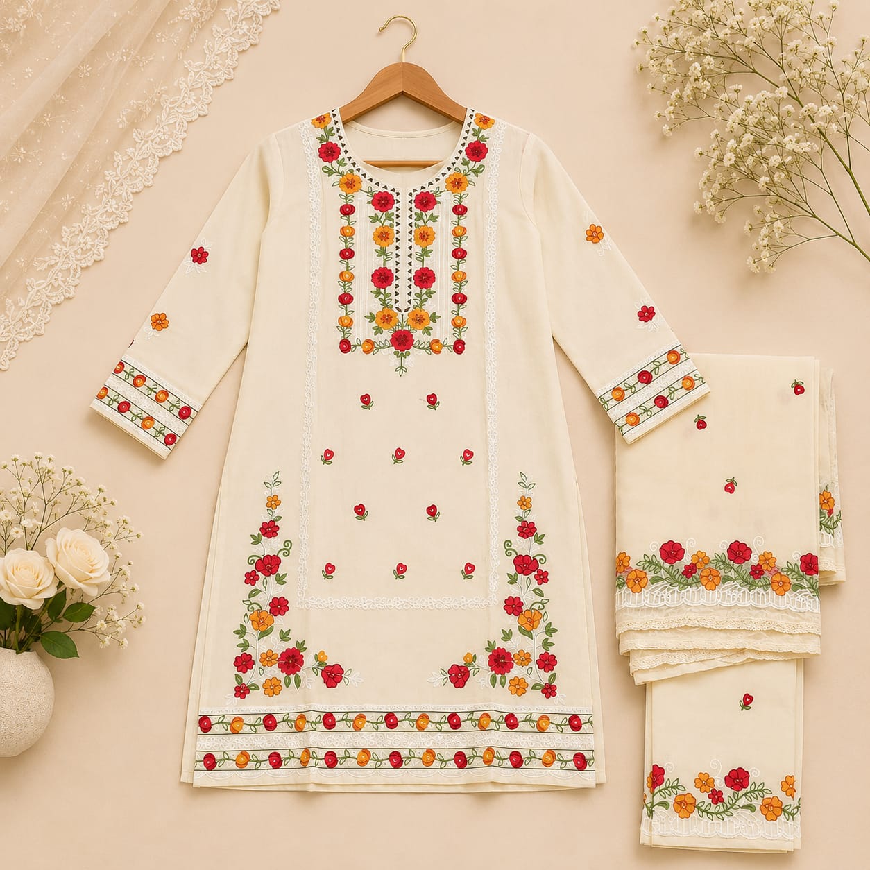 Floral Embroidered Kurta Set with Dupatta – Ivory Elegance