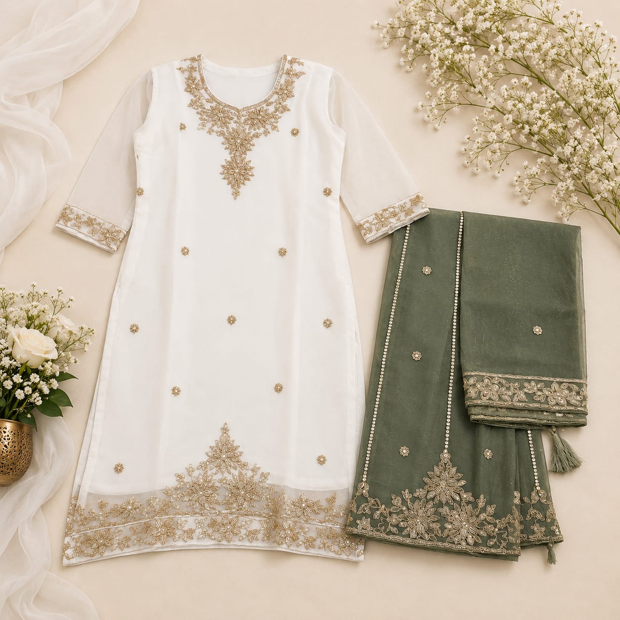 Olive Ivory Regal Party Wear Suit Set