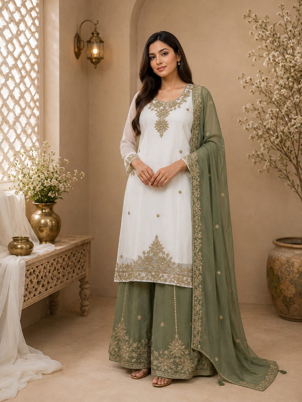 Olive Ivory Regal Party Wear Suit Set