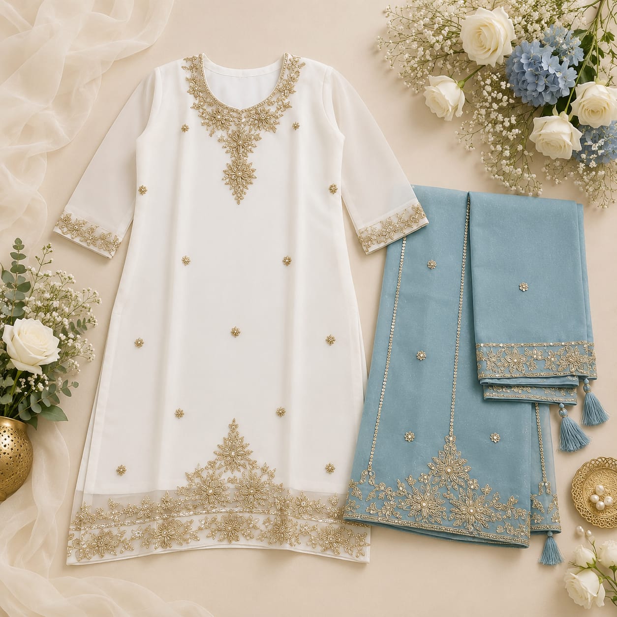 Powder Blue Ivory Luxe Party Wear Set