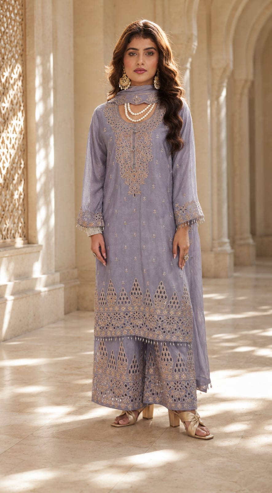 Royal Lavender Embroidered Chinon Silk Palazzo suit