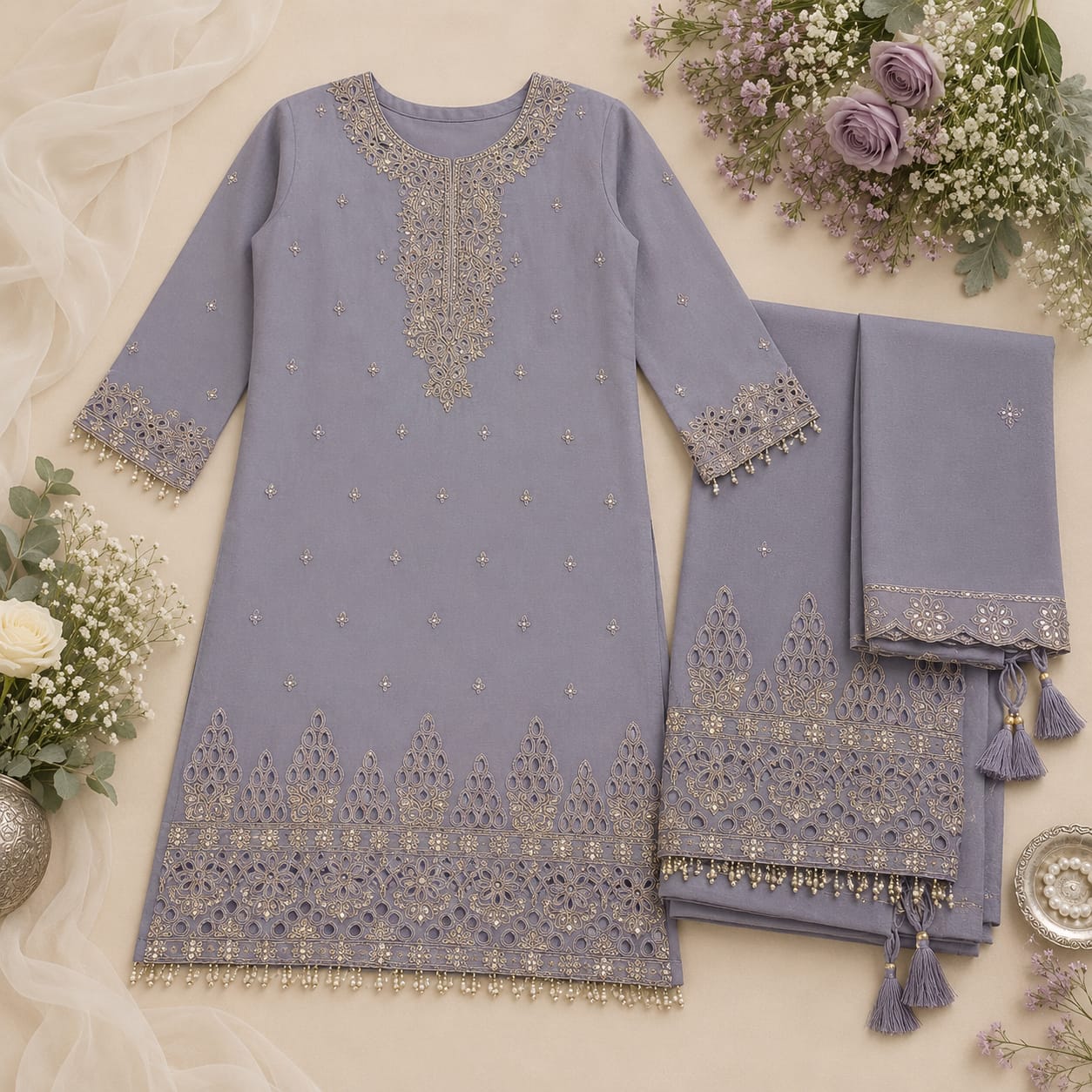 Royal Lavender Embroidered Chinon Silk Palazzo suit