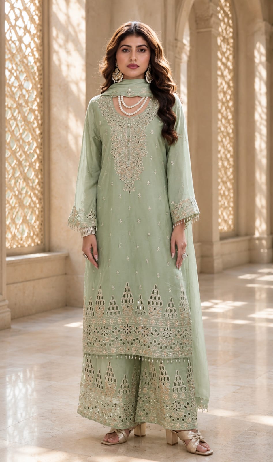 Mint Green Chinon Silk Embroidered Palazzo suit