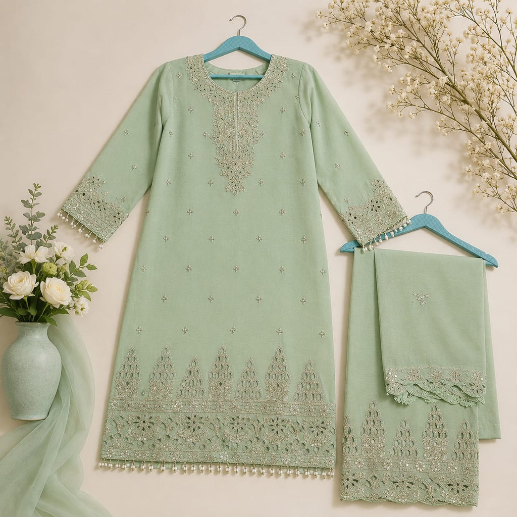 Mint Green Chinon Silk Embroidered Palazzo suit