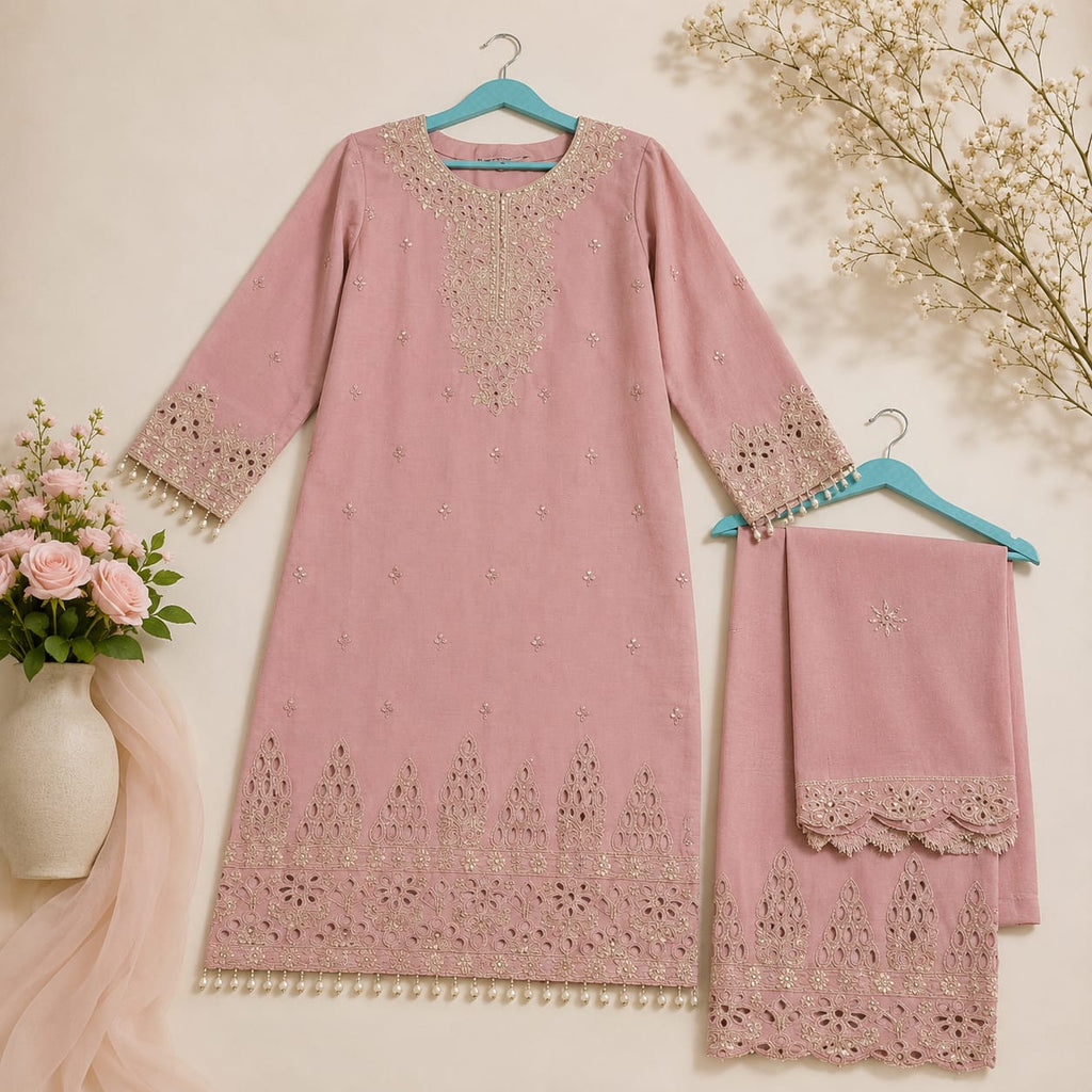 Rose Blush Chinon Silk Embroidered Palazzo Suit