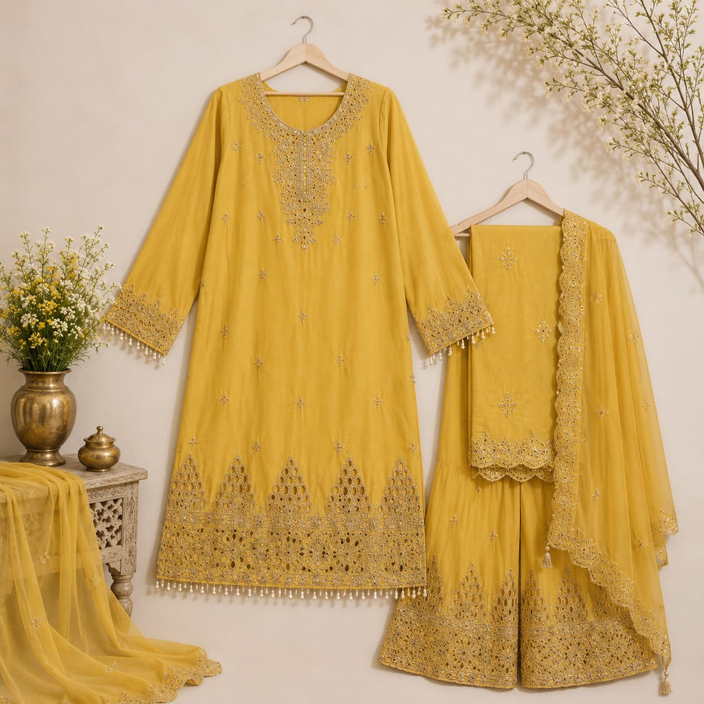 Sunshine Yellow Chinon Silk  Embroidered Palazzo Suit