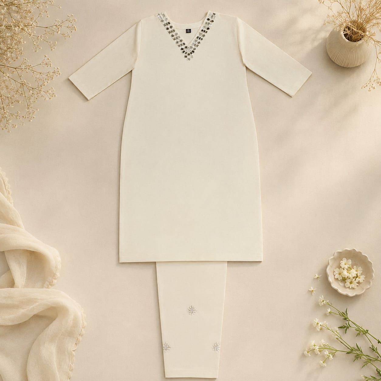 Elegant Khadi Cotton Mirror Work Co-Ord Set