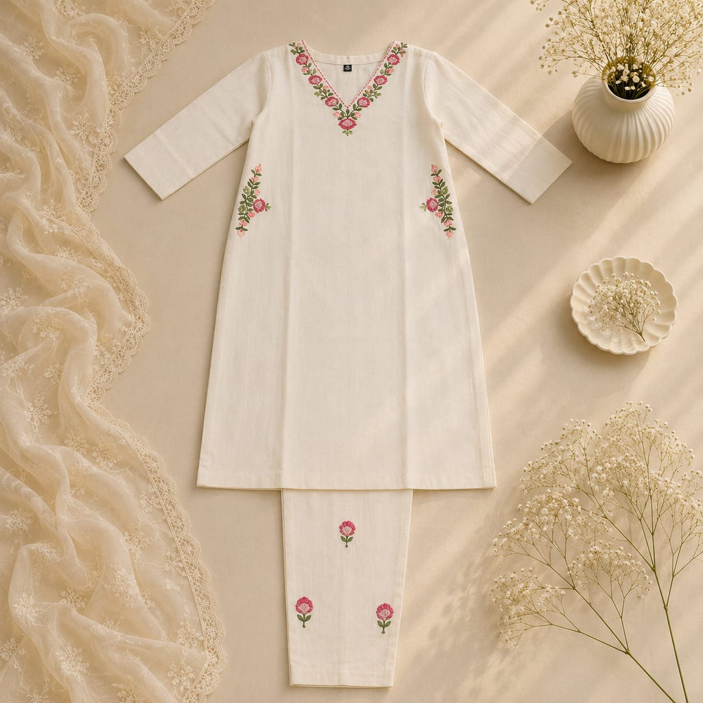 Ivory Bloom V-Neck Kurta Set