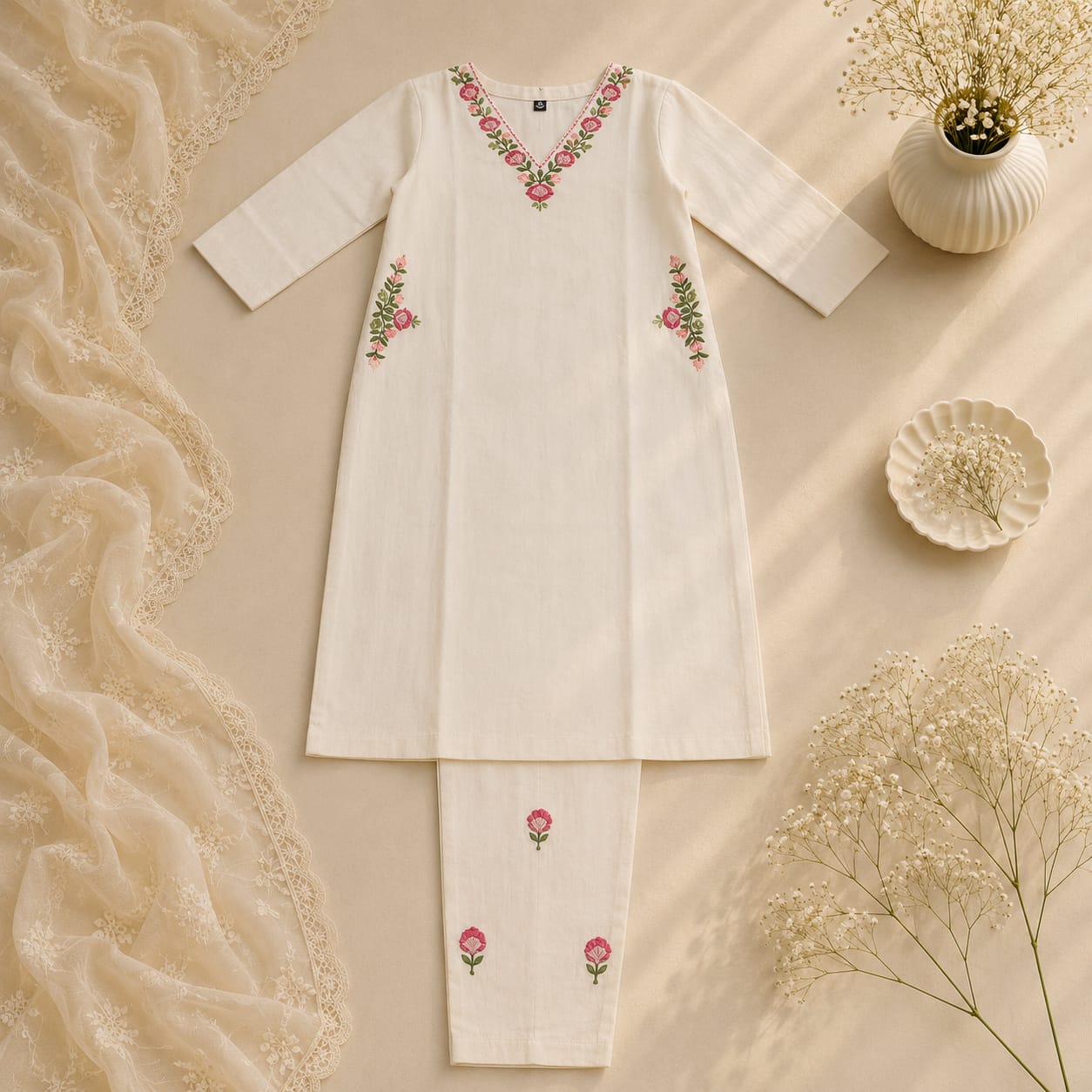 Ivory Bloom V-Neck Kurta Set