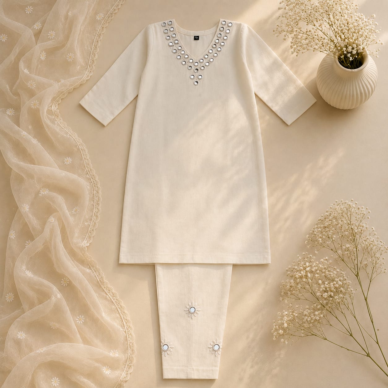 Ivory Glow Mirror Work Khadi Co-Ord Set