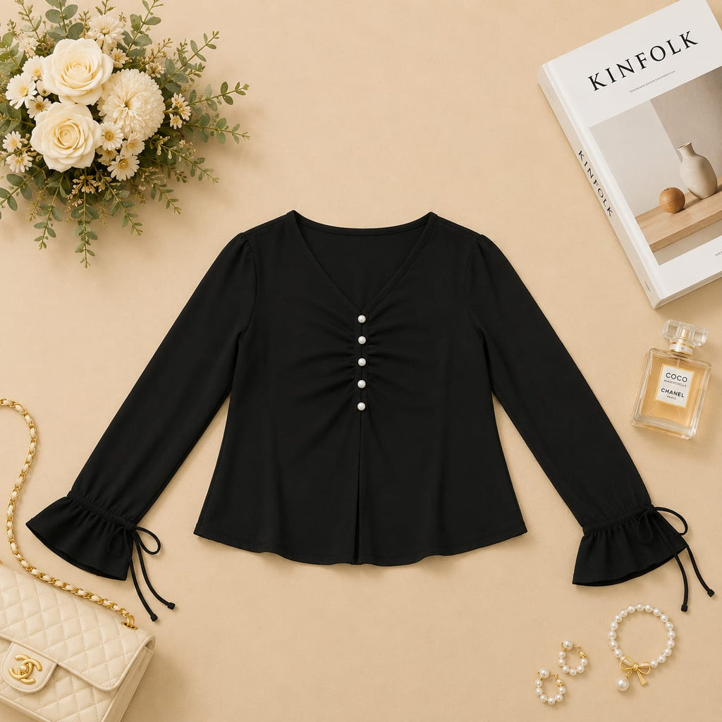 Elegant Pearl-Button  Flare Sleeve Top