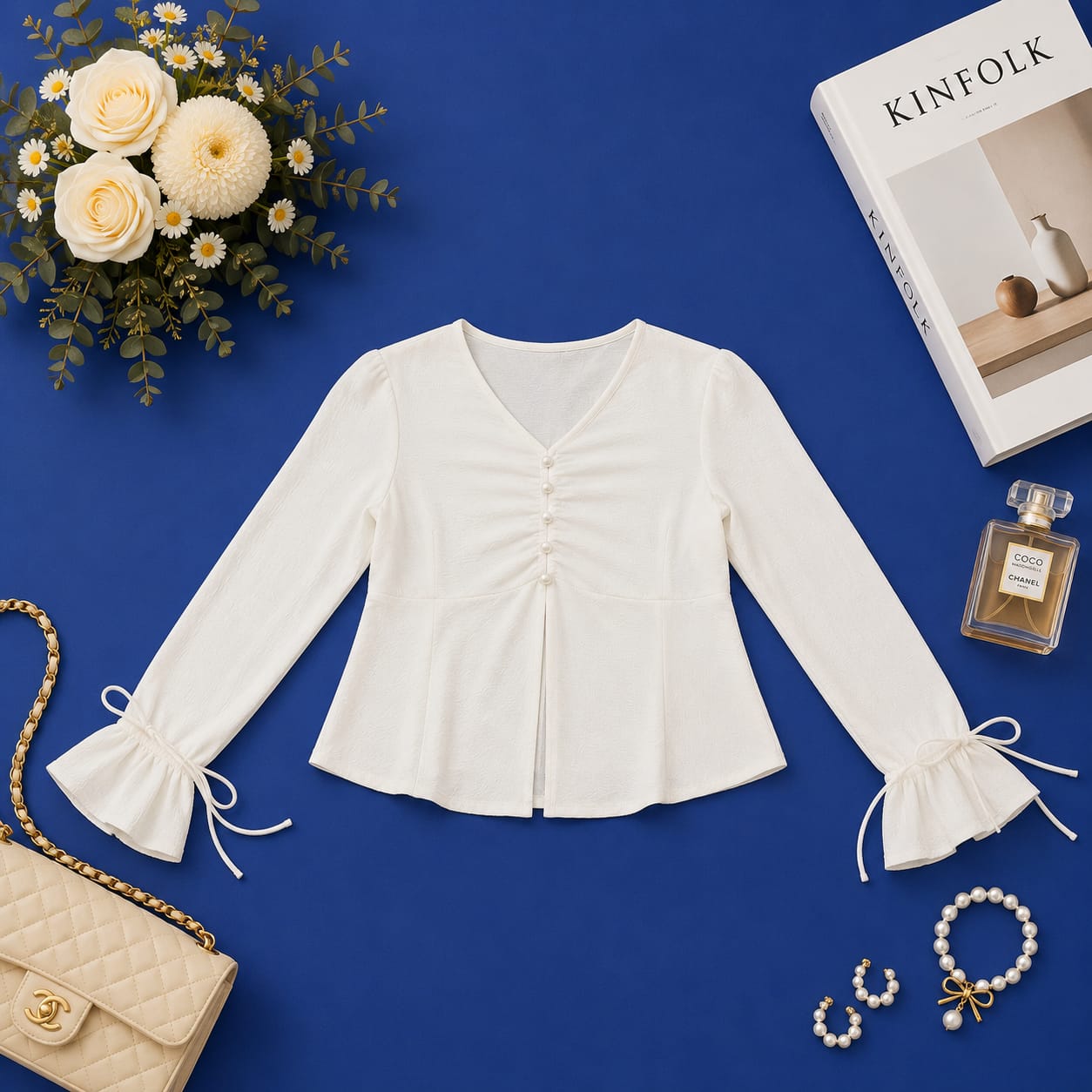Elegant Pearl-Button  Flare Sleeve Top