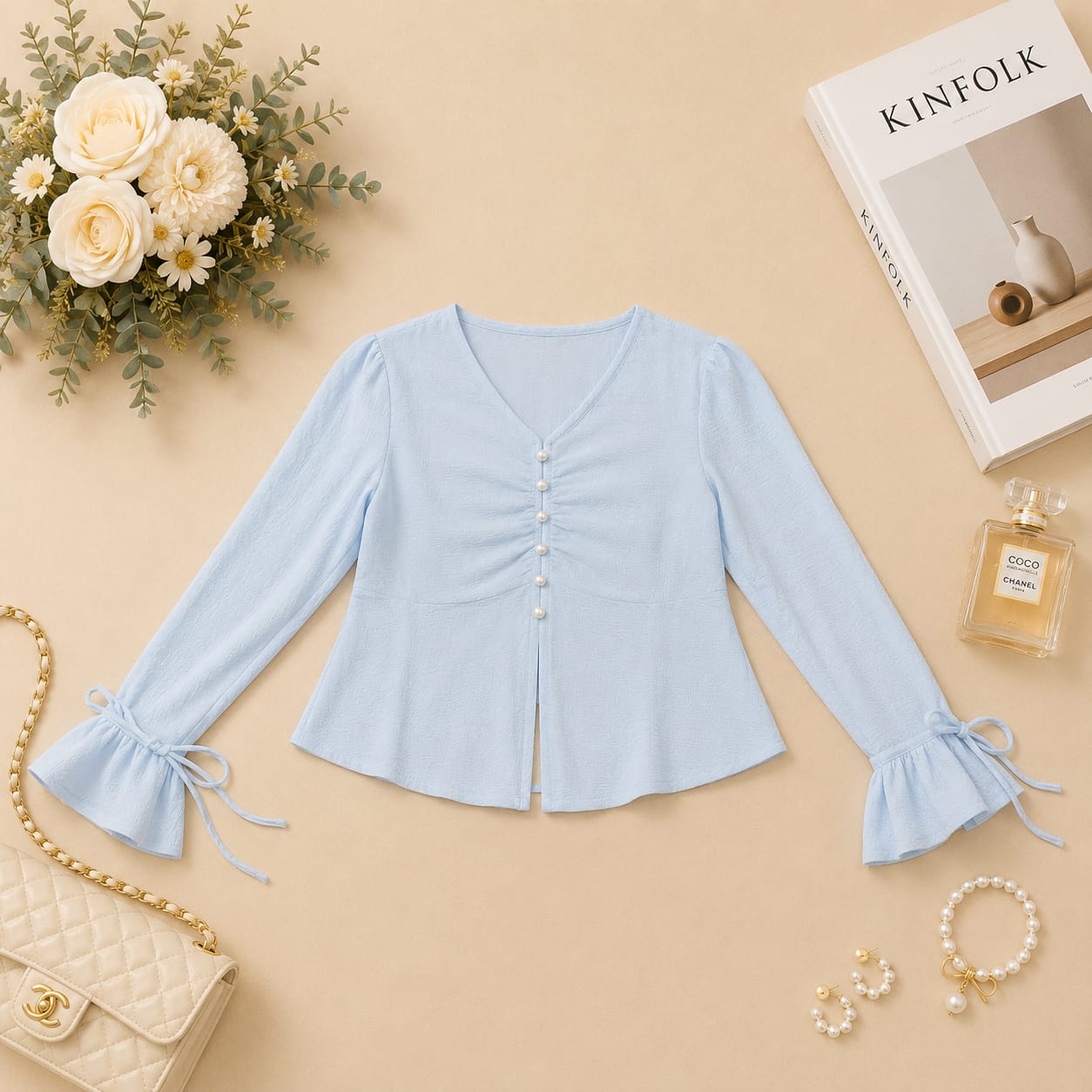 Elegant Pearl-Button  Flare Sleeve Top