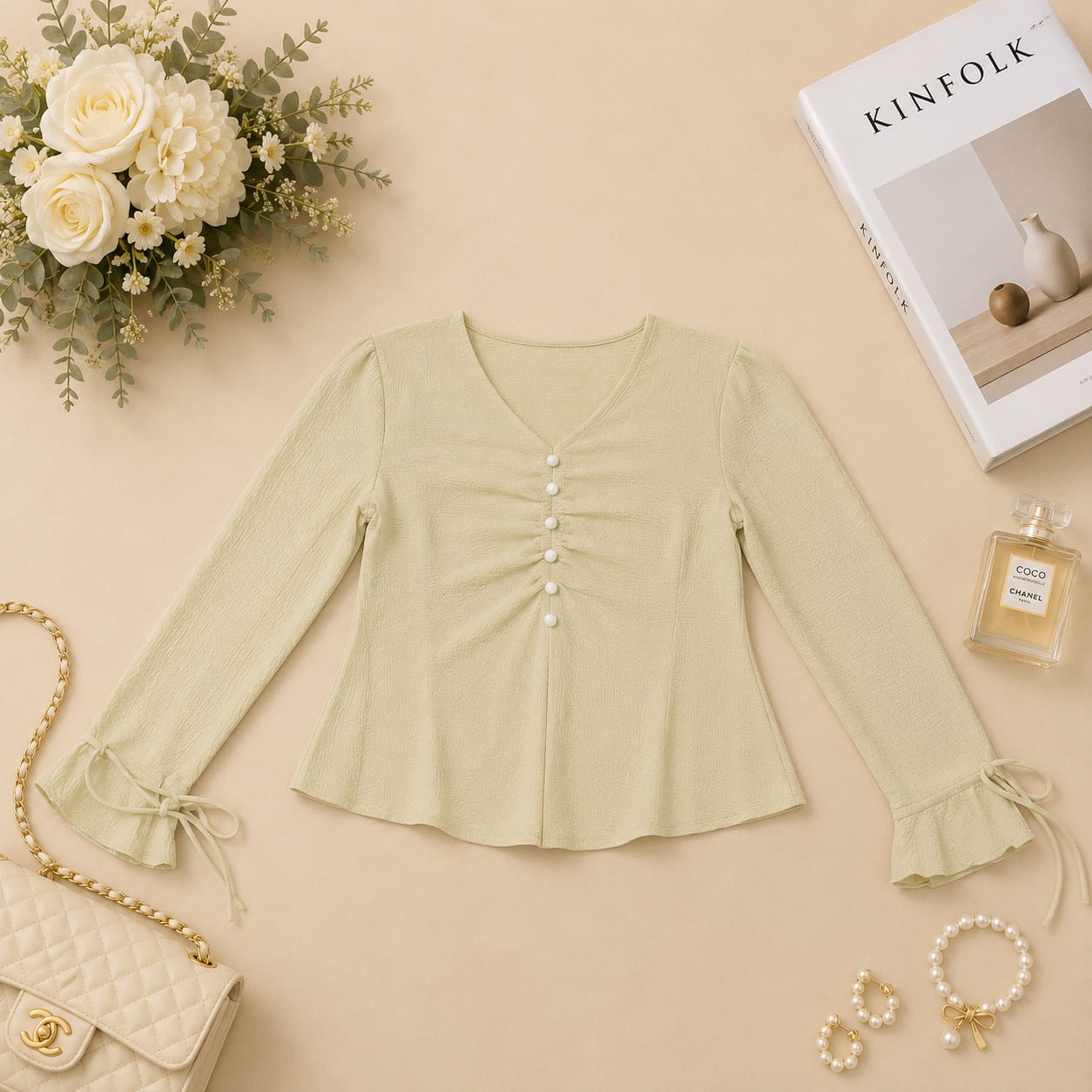 Elegant Pearl-Button  Flare Sleeve Top