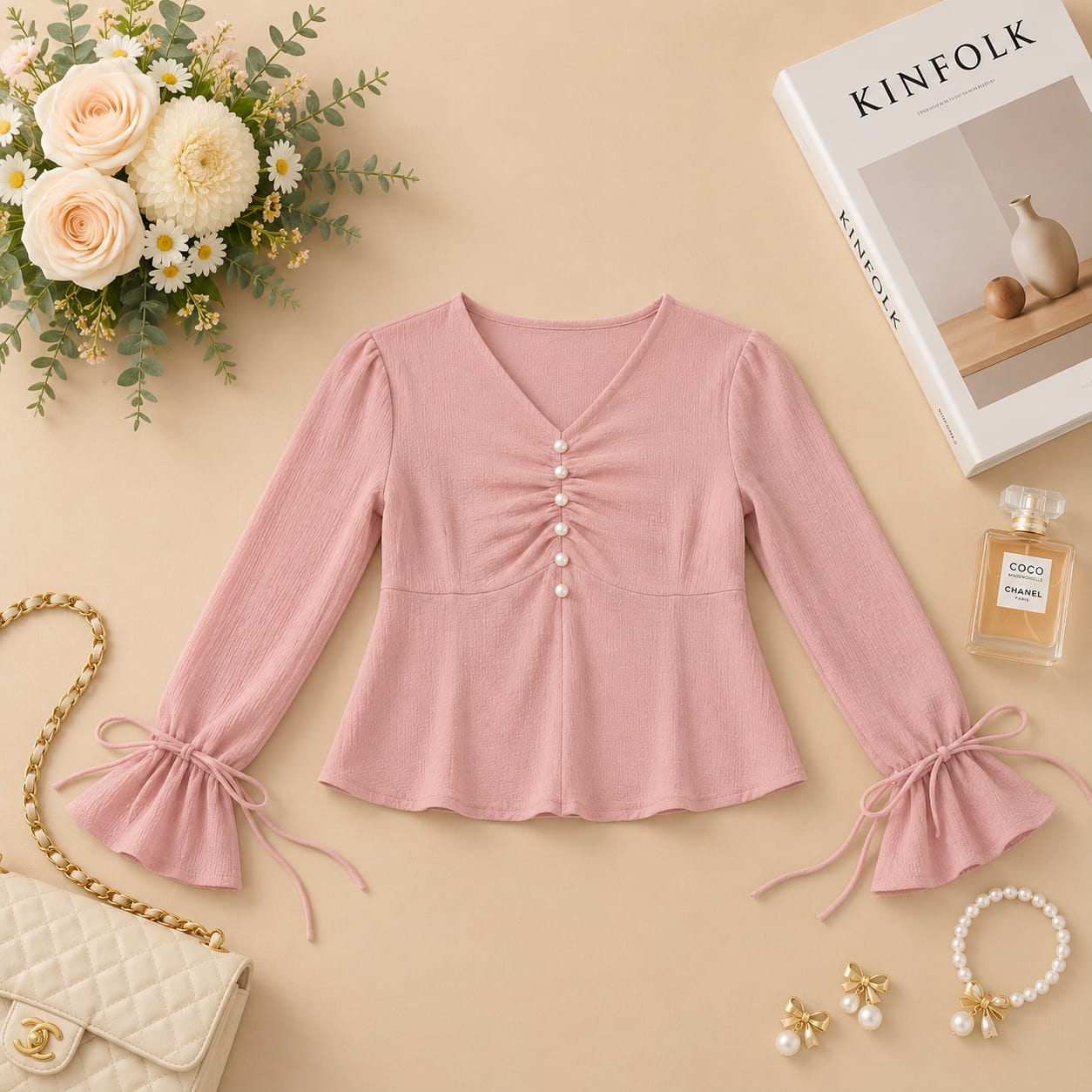 Elegant Pearl-Button  Flare Sleeve Top