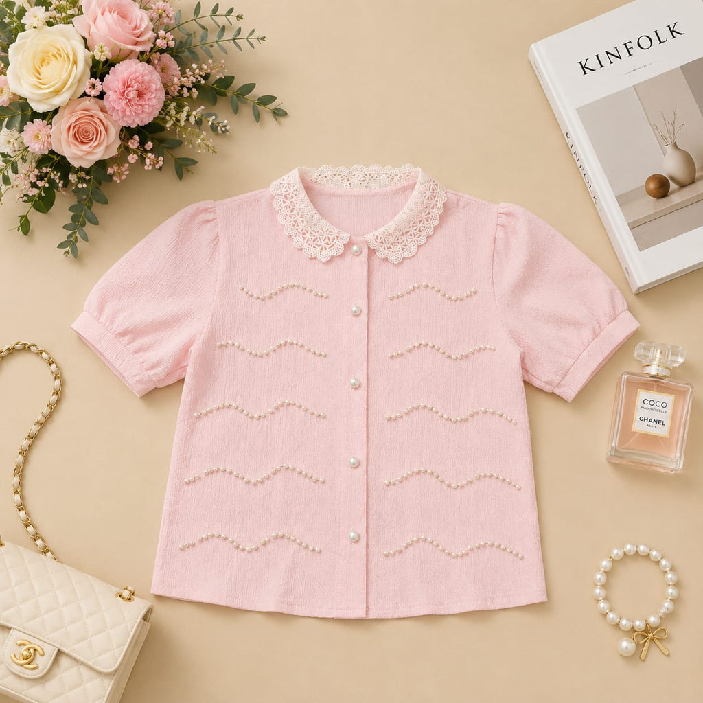 Elegant Pearls and Lace half sleeves Tops
