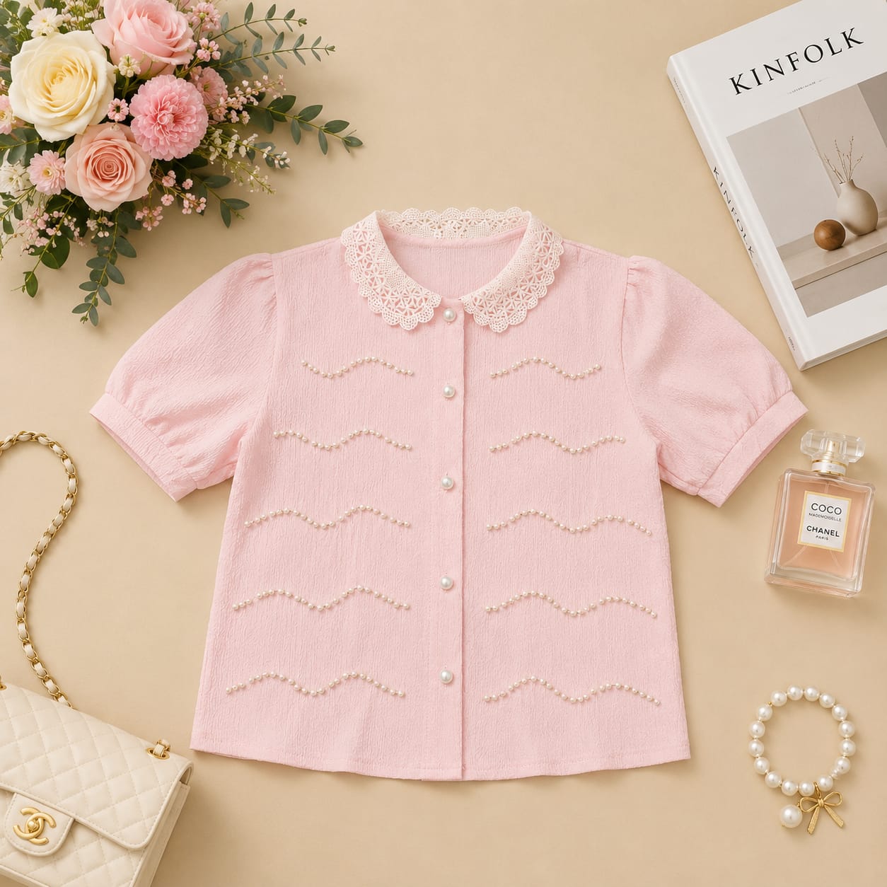 Elegant Pearls and Lace half sleeves Tops