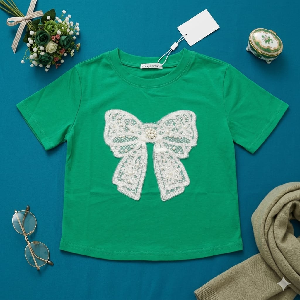 Pearl Bow Charm Crop Tee