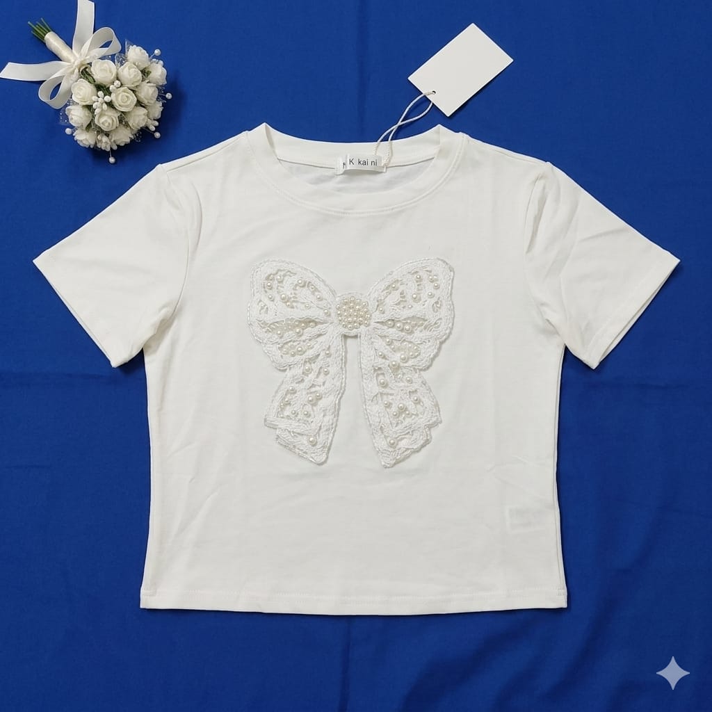 Pearl Bow Charm Crop Tee