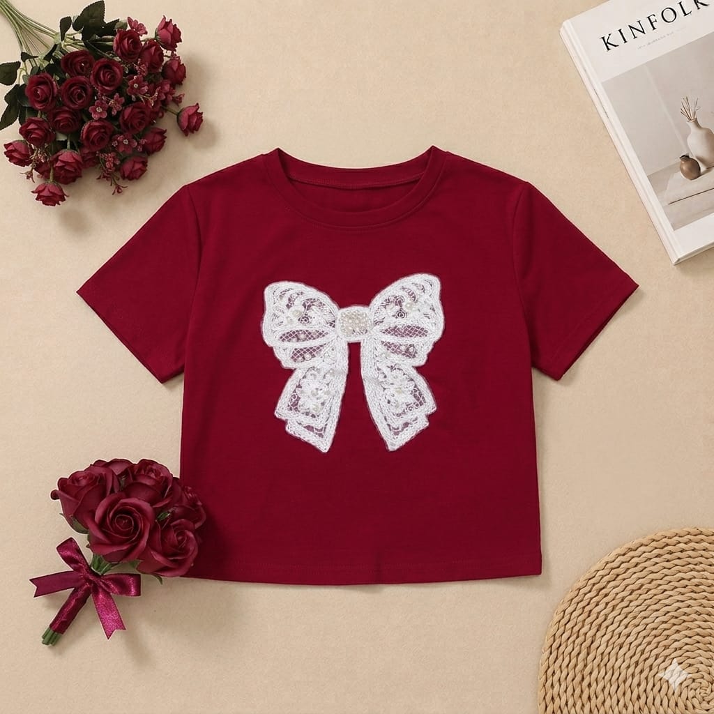 Pearl Bow Charm Crop Tee