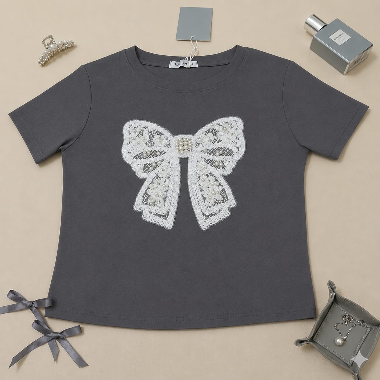 Pearl Bow Charm Crop Tee