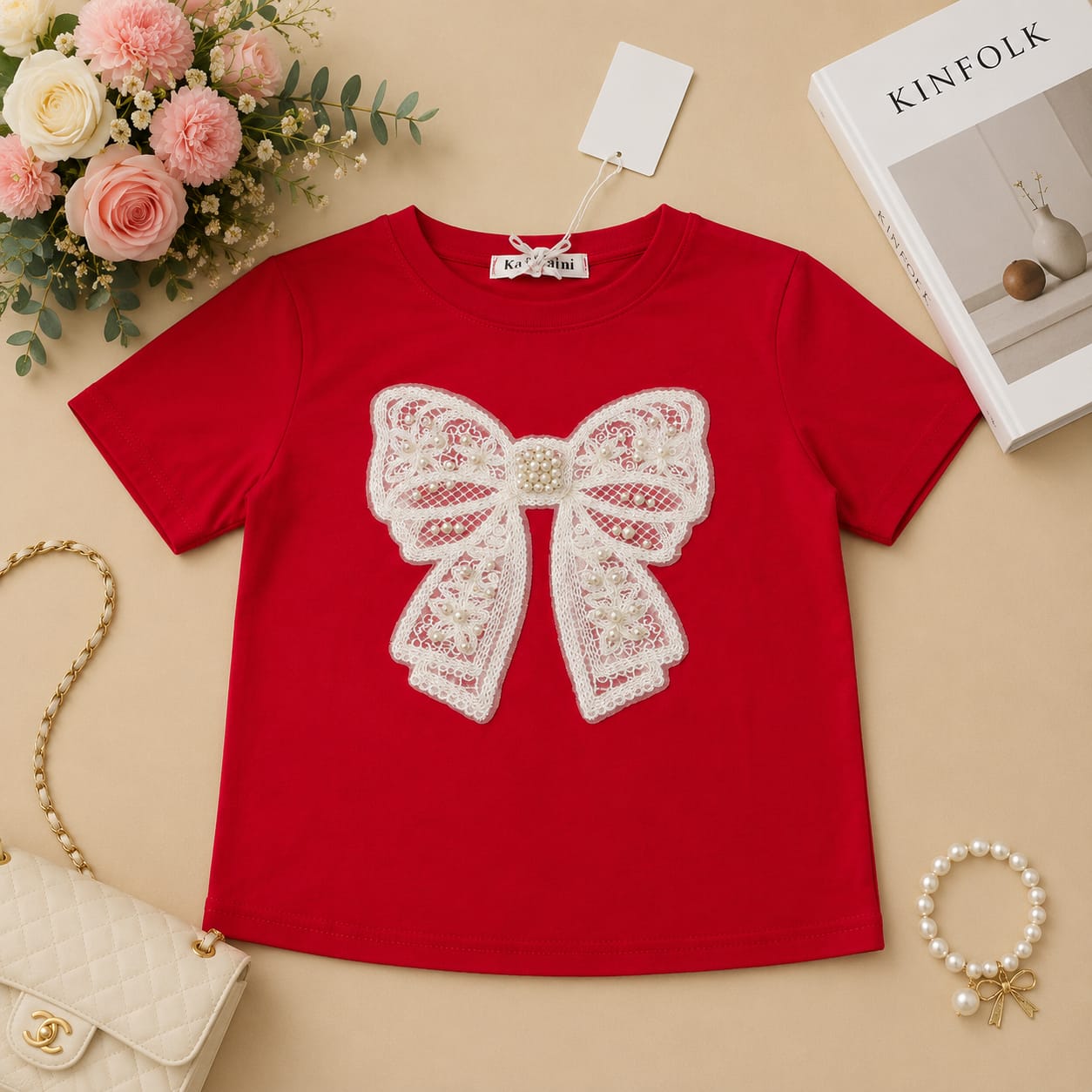 Pearl Bow Charm Crop Tee