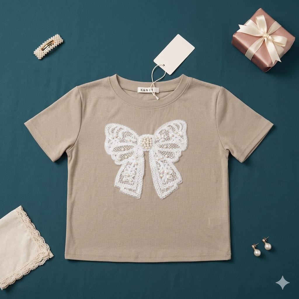 Pearl Bow Charm Crop Tee