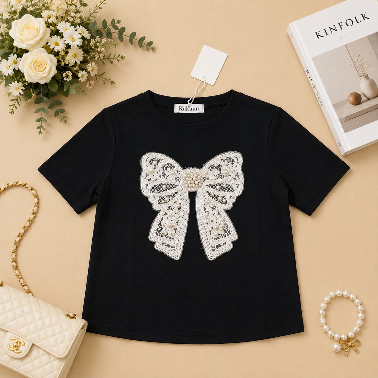 Pearl Bow Charm Crop Tee