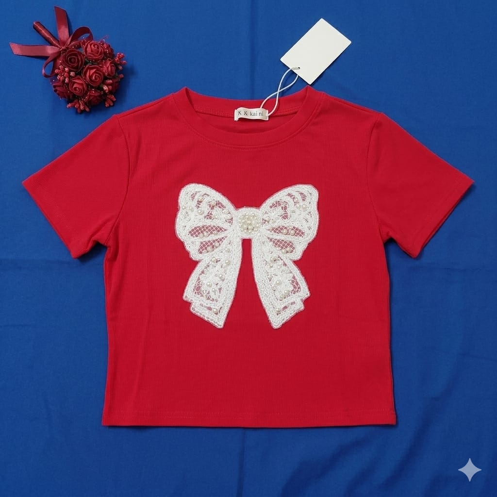 Pearl Bow Charm Crop Tee