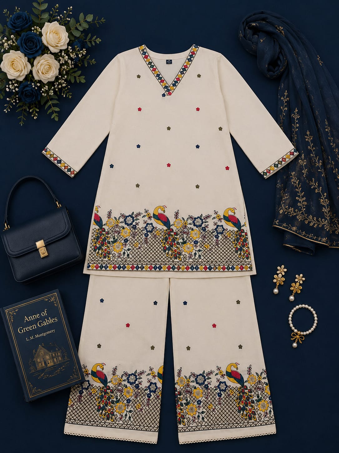 Royal Peacock Ivory Khadi Palazzo Co‑ord Set