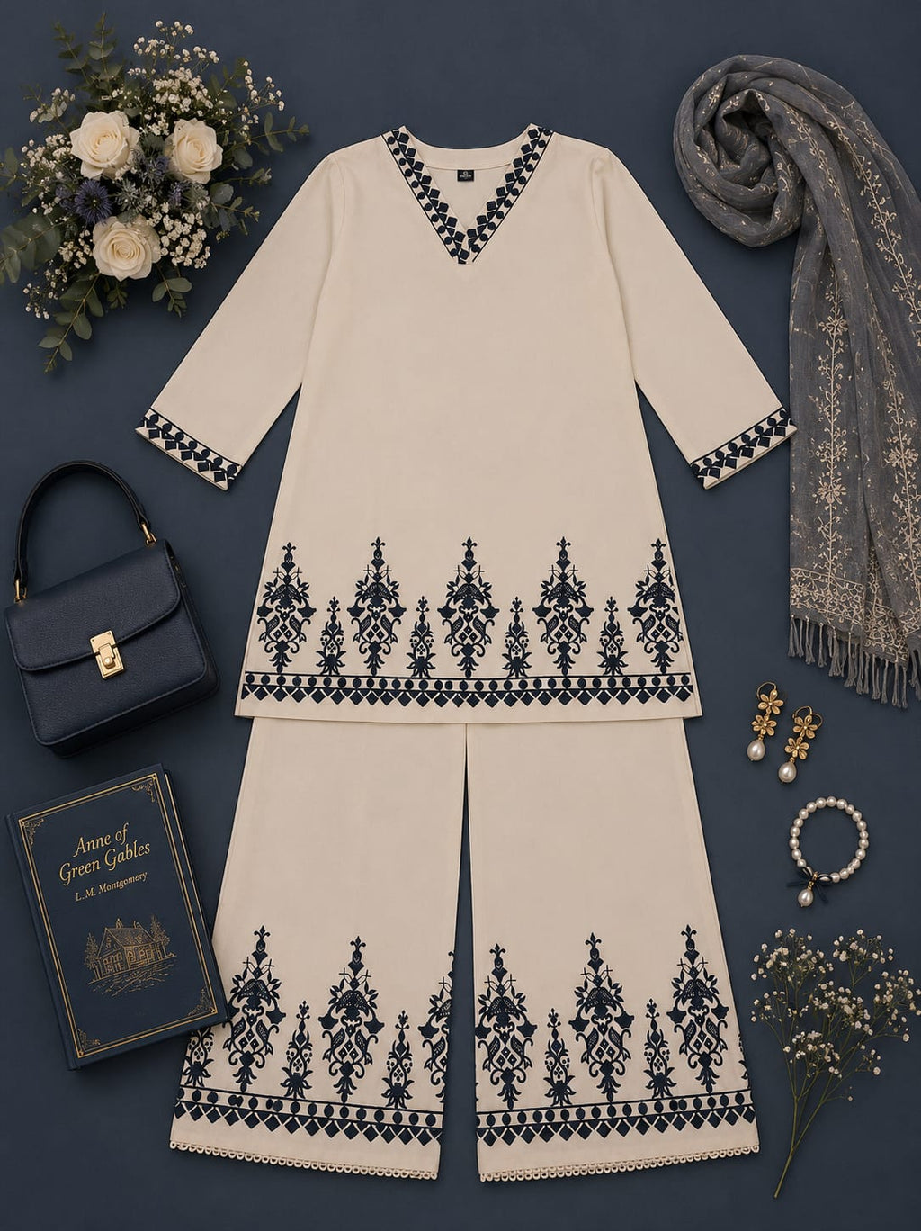 MIGZORn Midnight Ivory Khadi Palazzo Co‑ord Set