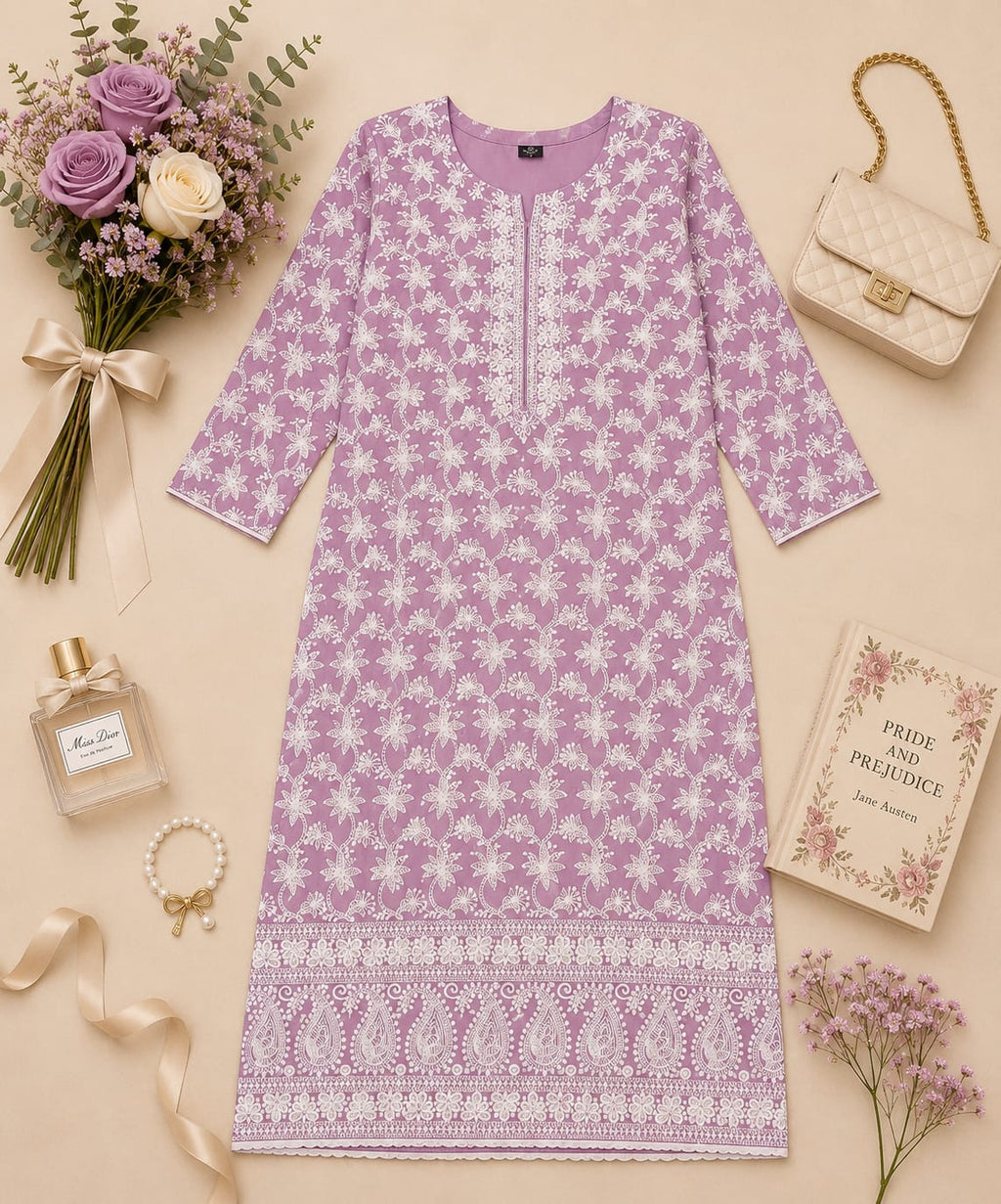 MIGZORn Lavender Bloom Embroidered Long Kurti