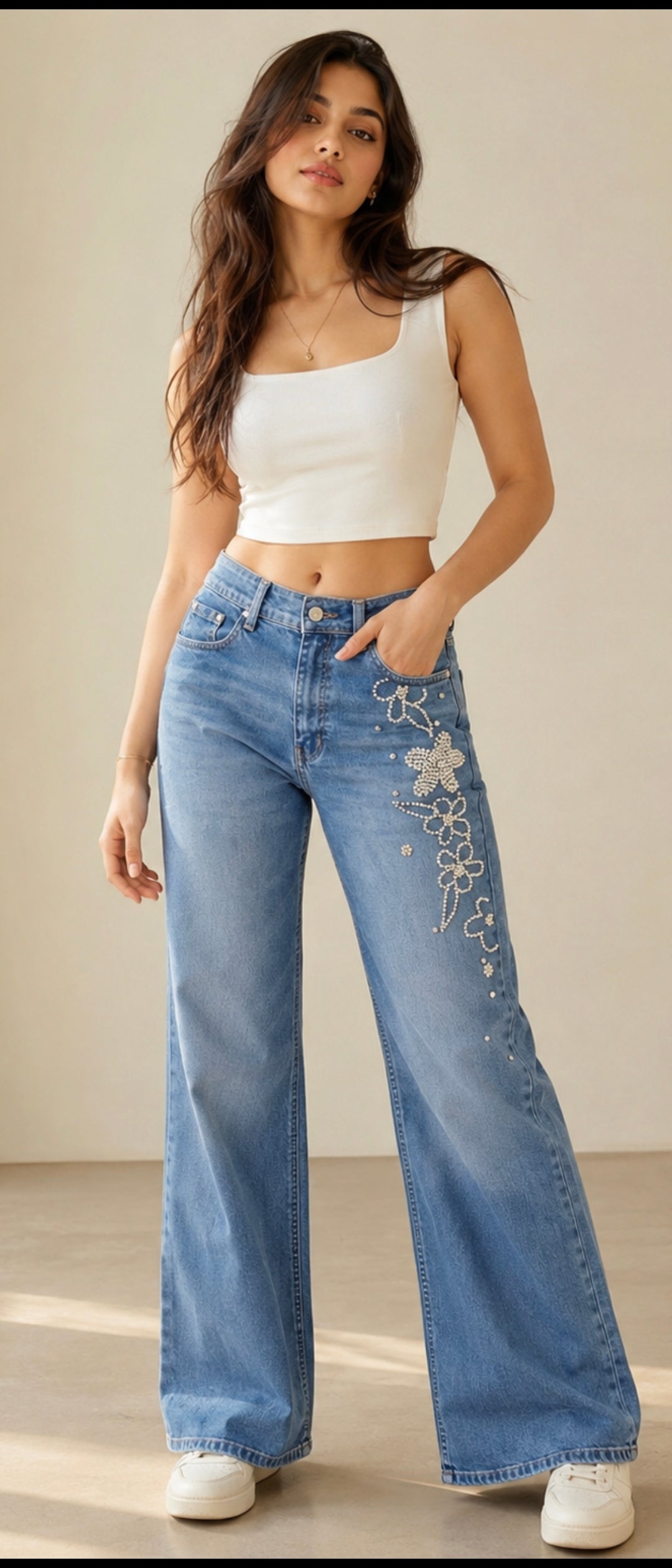 MIGZORn Pearl Blossom Embellished Wide-Leg Jeans