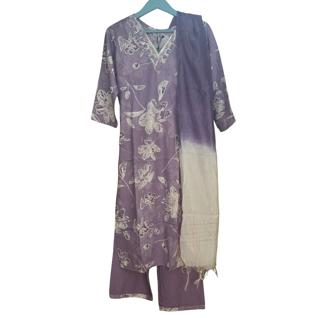 Lavender Floral printed Kurti Set with Dupatta